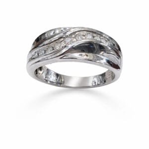 טבעת גלים משובצת יהלומים טבעיים בזהב לבן 14k